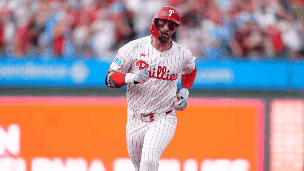 Jul 23, 2025; Philadelphia, Pennsylvania, USA; Philadelphia Phillies infielder Bryce Harper (3) rounds the bases after hitting a home run against the Boston Red Sox in the first inning at Citizens Bank Park.