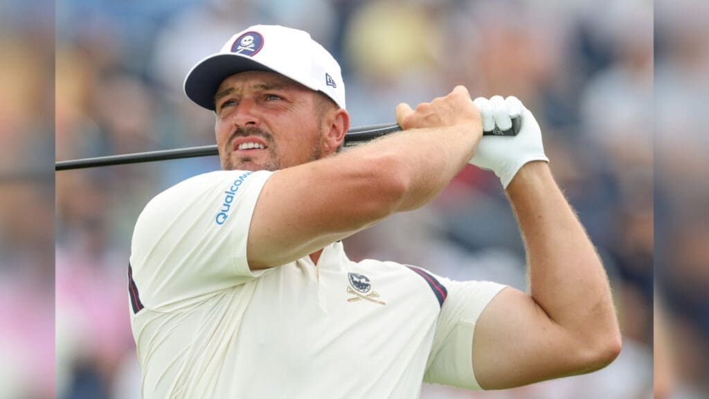 Jun 13, 2025; Oakmont, Pennsylvania, USA; Bryson DeChambeau plays his shot from the tenth tee during the second round of the U.S. Open golf tournament.