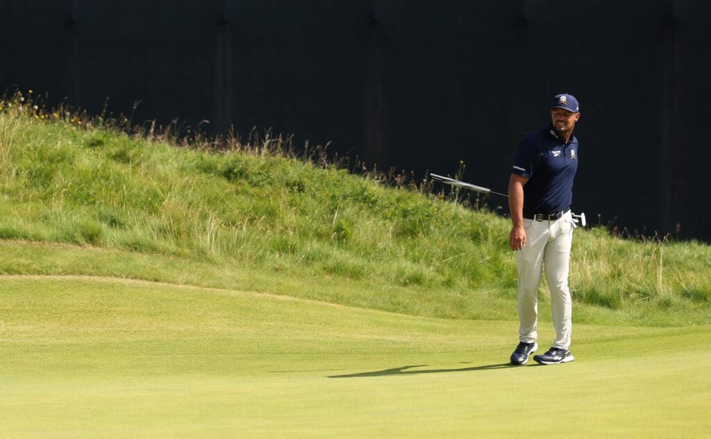 Jul 20, 2025; Portrush, IRL; Bryson Dechambeau reacts to a putt on the 15th hole during the final round of The 153rd Open Championship golf tournament at Royal Portrush.