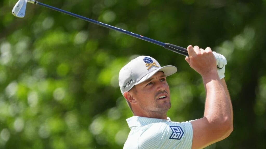 May 18, 2024; Louisville, Kentucky, USA; Bryson DeChambeau tees off on the eighth hole during the third round of the PGA Championship golf tournament at Valhalla Golf Club.