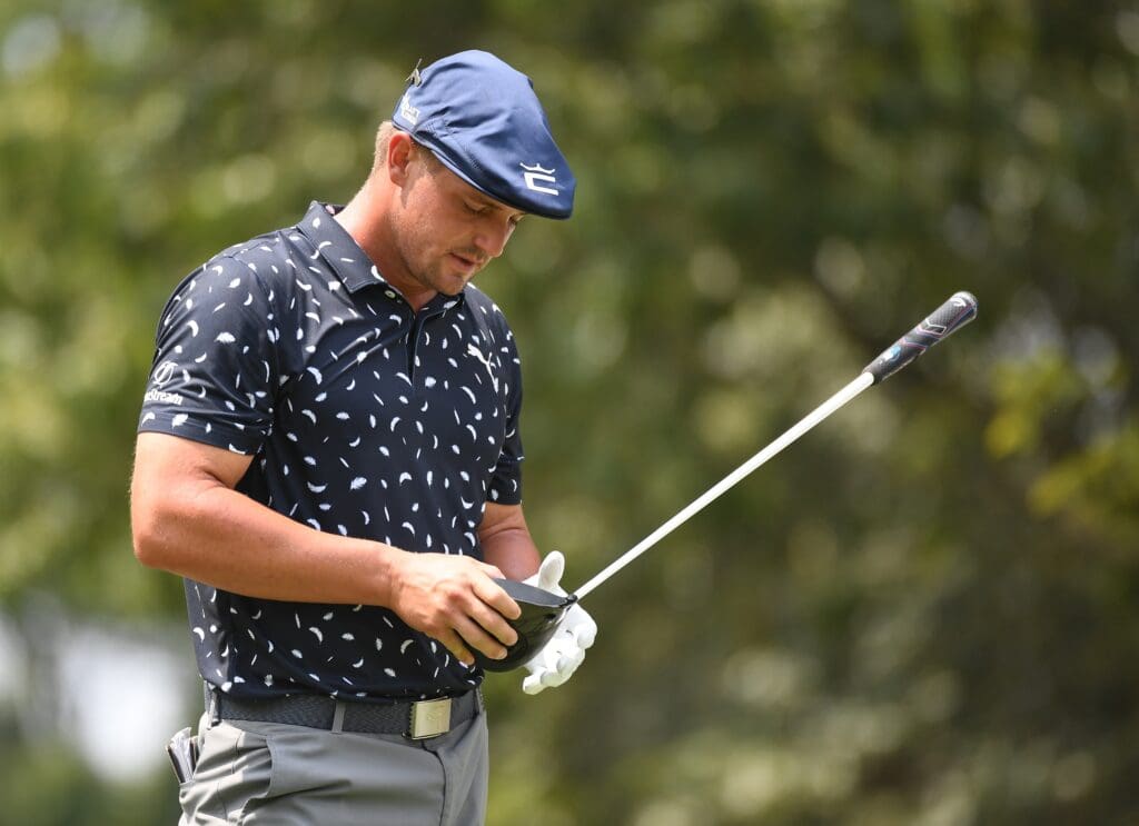 Aug 8, 2021; Memphis, Tennessee, USA; Bryson DeChambeau after his tee shot on the seventh hole during the final round of the WGC FedEx St. Jude Invitational golf tournament at TPC Southwind.