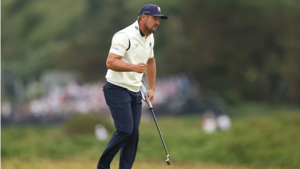 Jul 19, 2025; Portrush, IRL; Bryson Dechambeau reacts after a putt on the 14th hole during the third round of The 153rd Open Championship golf tournament.