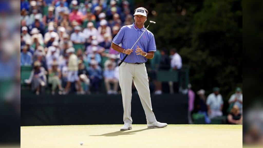 Apr 12, 2025; Augusta, Georgia, USA; Bubba Watson plays from the fairway on the fifth green during the third round of the Masters Tournament at Augusta National Golf Club.