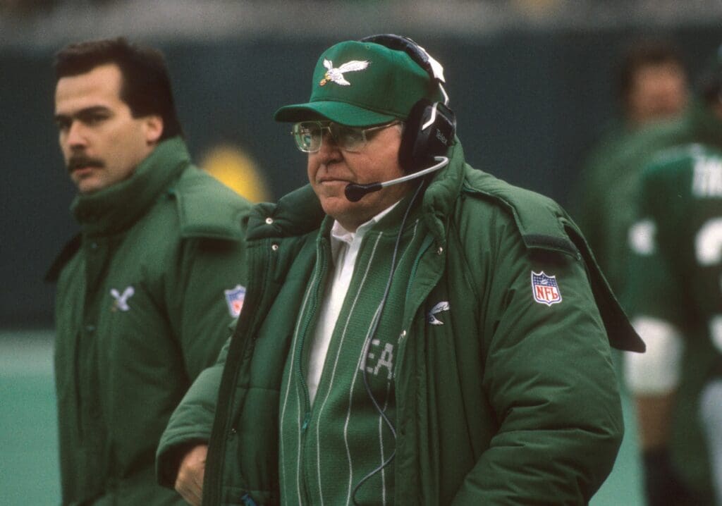 Dec 27, 1987; Philadelphia, PA, USA; FILE PHOTO; Philadelphia Eagles head coach Buddy Ryan (right) with defensive backs coach Jeff Fisher during the game against the Buffalo Bills. The Eagles beat the Bills 17-7.