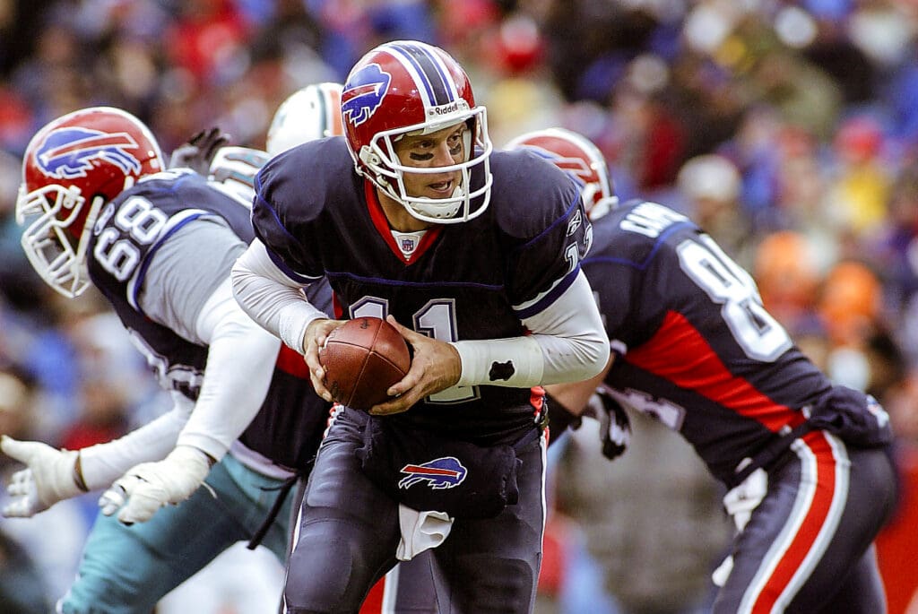 Oct 17, 2004; Orchard Park, NY, USA: FILE PHOTO; Buffalo Bills quarterback Drew Bledsoe (11) carries the ball against the Miami Dolphins at Ralph Wilson Stadium. 