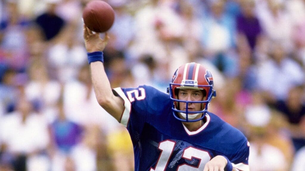 Nov 2, 1986; Tampa, FL, USA: FILE PHOTO; Buffalo Bills quarterback Jim Kelly (12) in action against the Tampa Bay Buccaneers at Tampa Stadium.