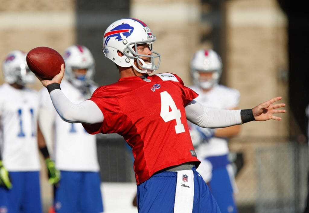 Jul 28, 2013; Pittsford, NY, USA; Buffalo Bills quarterback Kevin Kolb (4) during training camp at St. John Fisher College.