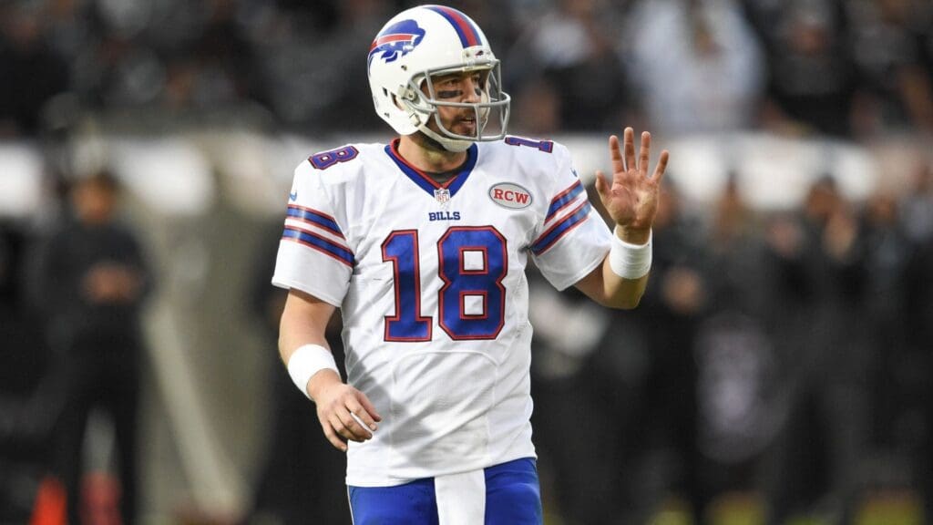 December 21, 2014; Oakland, CA, USA; Buffalo Bills quarterback Kyle Orton (18) during the fourth quarter against the Oakland Raiders at O.co Coliseum. The Raiders defeated the Bills 26-24.