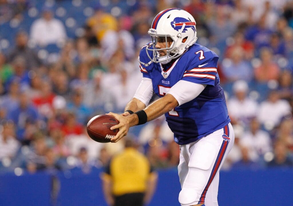 Aug 29, 2013; Orchard Park, NY, USA; Buffalo Bills quarterback Matt Leinart (7) during the game against the Detroit Lions at Ralph Wilson Stadium. The Lions beat the Bills 35-13.