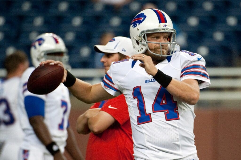 Aug 30, 2012; Detroit, MI, USA; Buffalo Bills quarterback Ryan Fitzpatrick (14) warms up before the preseason game against the Detroit Lions at Ford Field.