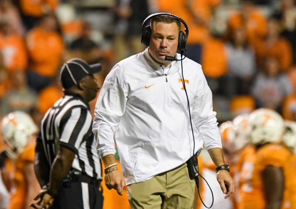 Nov 4, 2017; Knoxville, TN, USA; Tennessee Volunteers head coach Butch Jones during the second half against the Southern Miss Golden Eagles at Neyland Stadium. Tennessee won 24 to 10.