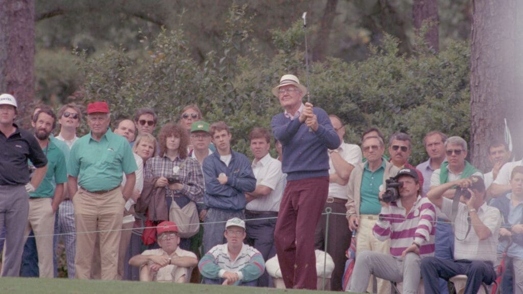 04/05/1989; Augusta, Georgia USA; Byron Nelson tees off using an iron at the Augusta National Golf Course during the 1989 Masters.