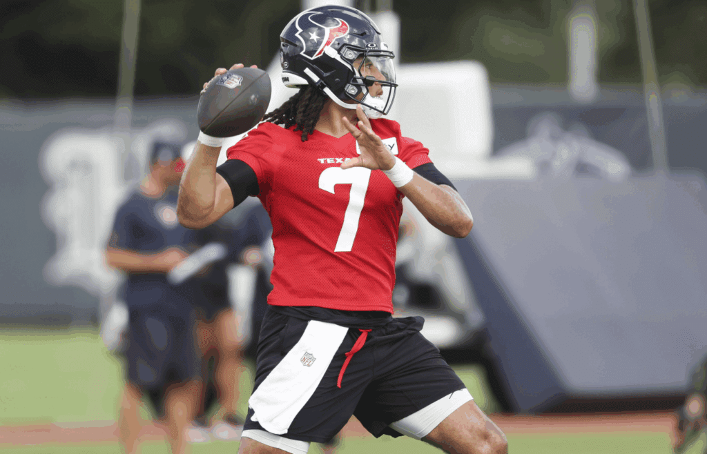 Jul 23, 2025; Houston, TX, USA; Houston Texans quarterback C.J. Stroud (7) during training camp at Houston Methodist Training Center