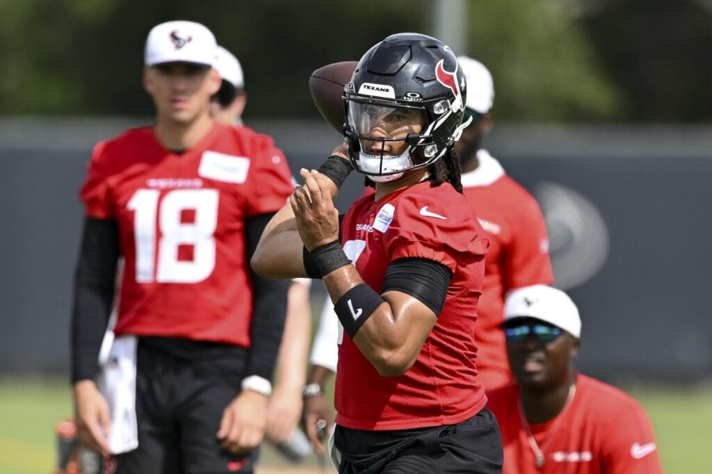 Jun 10, 2025; Houston, TX, USA; Houston Texans quarterback C.J. Stroud (7) participates in a drill during an NFL football minicamp at NRG Stadium.