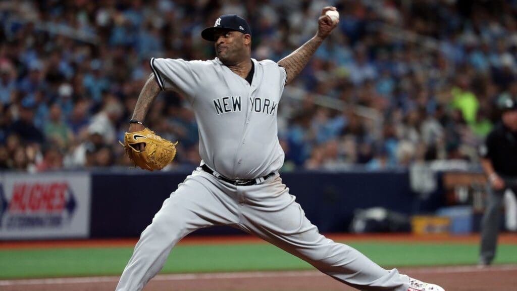 May 11, 2019; St. Petersburg, FL, USA; New York Yankees starting pitcher CC Sabathia (52) throws a pitch during the second inning against the Tampa Bay Rays at Tropicana Field.