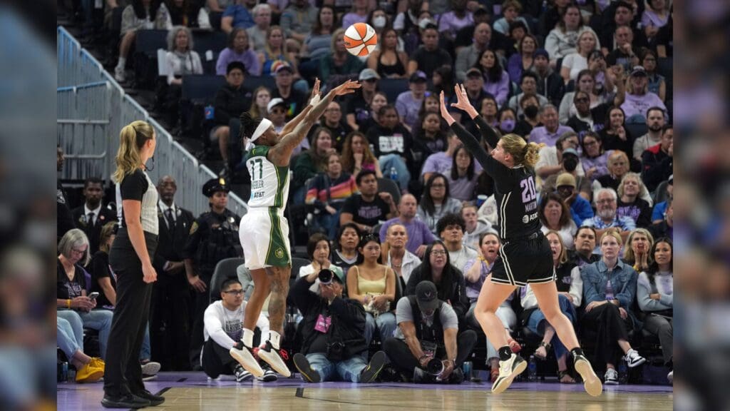 Jun 29, 2025; San Francisco, California, USA; Seattle Storm guard Erica Wheeler (17) shoots against Golden State Valkyries guard Kate Martin (20) during the first quarter at Chase Center