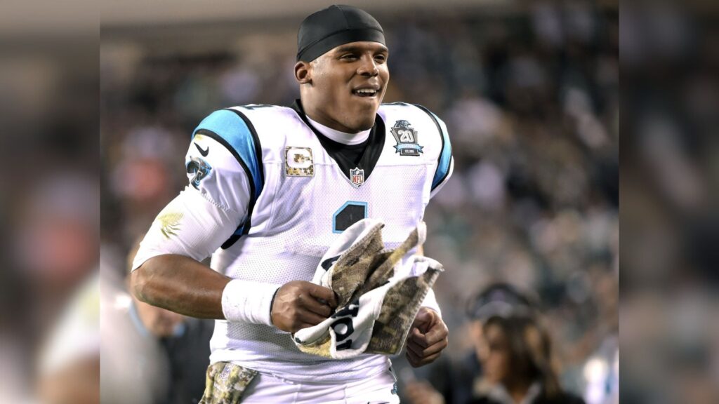 Nov 10, 2014; Philadelphia, PA, USA; Carolina Panthers quarterback Cam Newton (1) runs off the field at the end of the second quarter against the Philadelphia Eagles at Lincoln Financial Field.