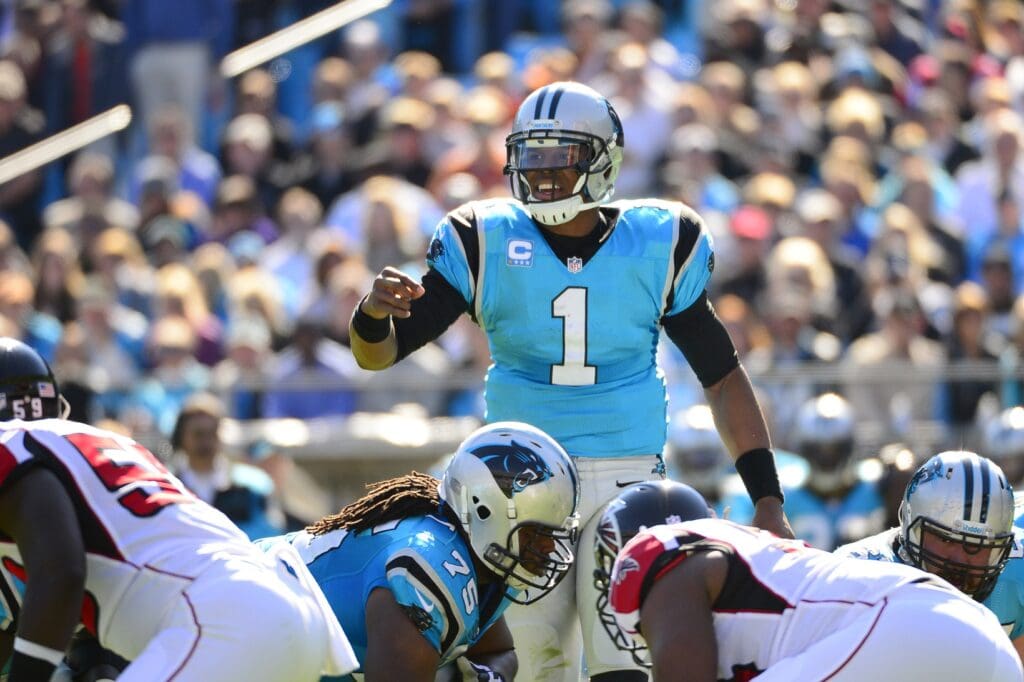 Nov 3, 2013; Charlotte, NC, USA; Carolina Panthers quarterback Cam Newton (1) on the field in the first quarter at Bank of America Stadium.