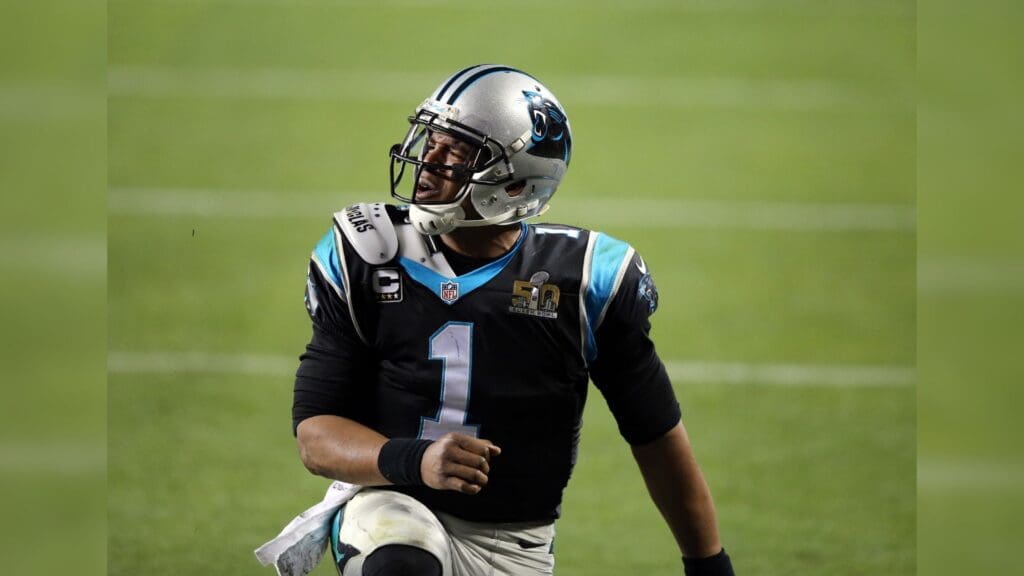Feb 7, 2016; Santa Clara, CA, USA; Carolina Panthers quarterback Cam Newton (1) reacts during the fourth quarter in Super Bowl 50 against the Denver Broncos at Levi's Stadium.