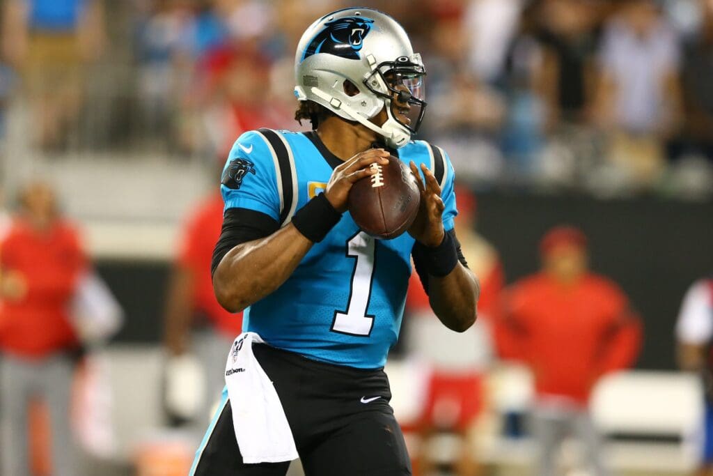 Sep 12, 2019; Charlotte, NC, USA; Carolina Panthers quarterback Cam Newton (1) drops back to pass against the Tampa Bay Buccaneers during the third quarter at Bank of America Stadium.