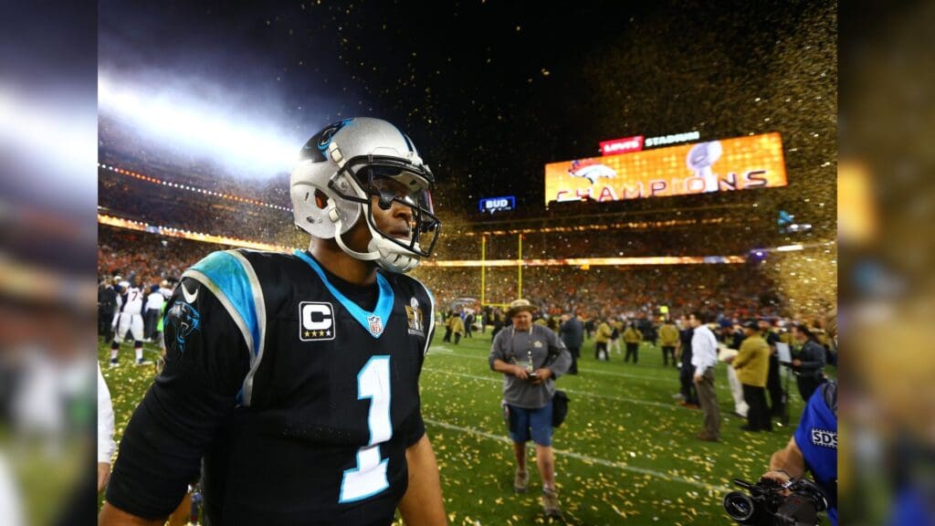 Feb 7, 2016; Santa Clara, CA, USA; Confetti falls as Carolina Panthers quarterback Cam Newton (1) reacts during his walk off the field following the game against the Denver Broncos during Super Bowl 50 at Levi's Stadium.