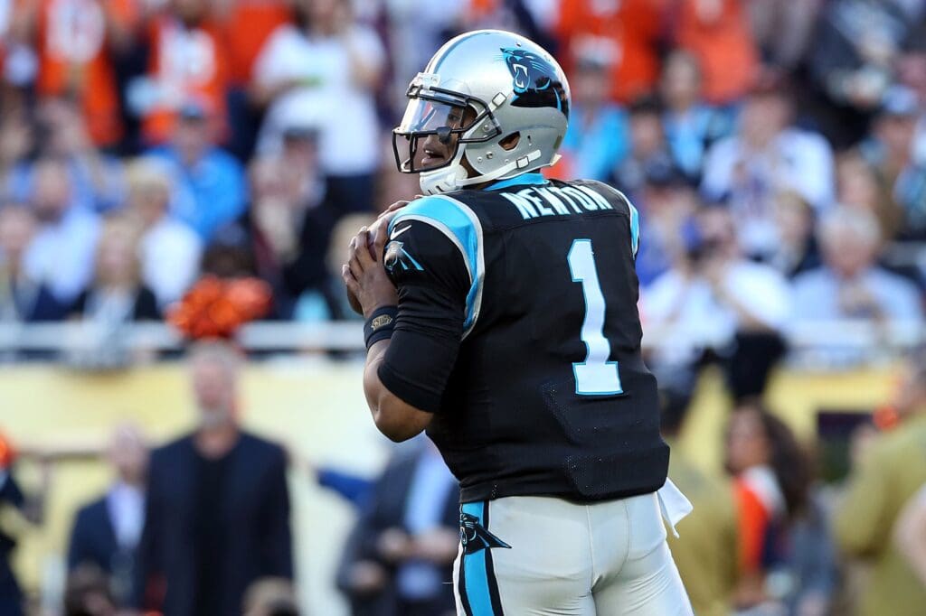 Feb 7, 2016; Santa Clara, CA, USA; Carolina Panthers quarterback Cam Newton (1) drops back to pass during the first quarter against the Denver Broncos in Super Bowl 50 at Levi's Stadium.