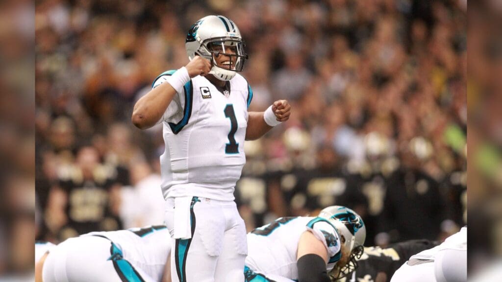 Dec 6, 2015; New Orleans, LA, USA; Carolina Panthers quarterback Cam Newton (1) yells prior to the snap against the New Orleans Saints in the first half at the Mercedes-Benz Superdome. The Panthers won 41-38.