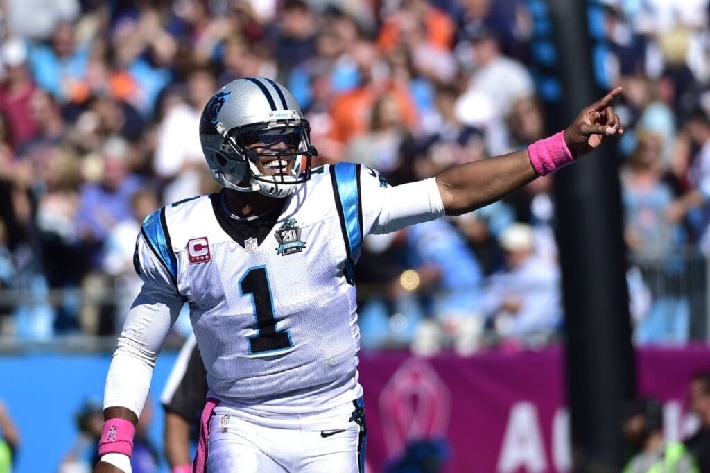 Oct 5, 2014; Charlotte, NC, USA; Carolina Panthers quarterback Cam Newton (1) reacts in the third quarter at Bank of America Stadium.