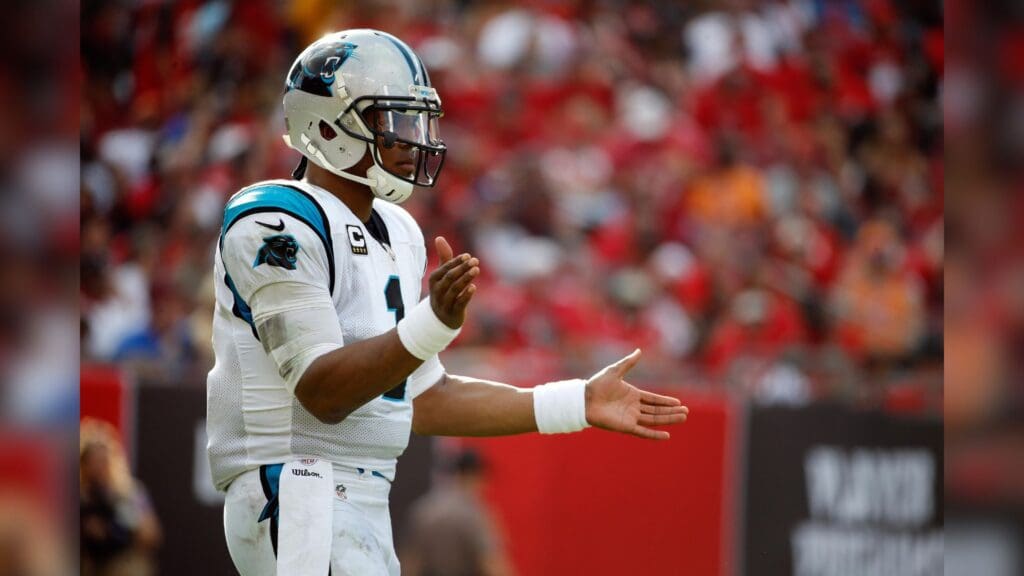 Jan 1, 2017; Tampa, FL, USA; Carolina Panthers quarterback Cam Newton (1) looks on against the Tampa Bay Buccaneers during the second half at Raymond James Stadium. Tampa Bay Buccaneers defeated the Carolina Panthers 17-16.