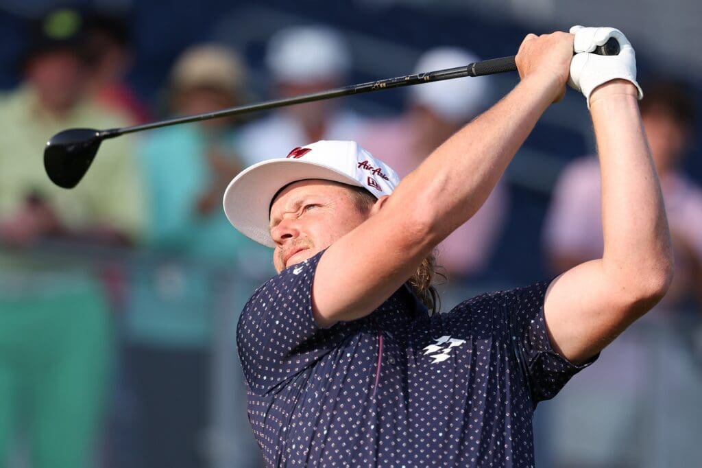 Jun 12, 2025; Oakmont, Pennsylvania, USA; Cameron Smith plays his shot from the tenth tee during the first round of the U.S. Open golf tournament. 