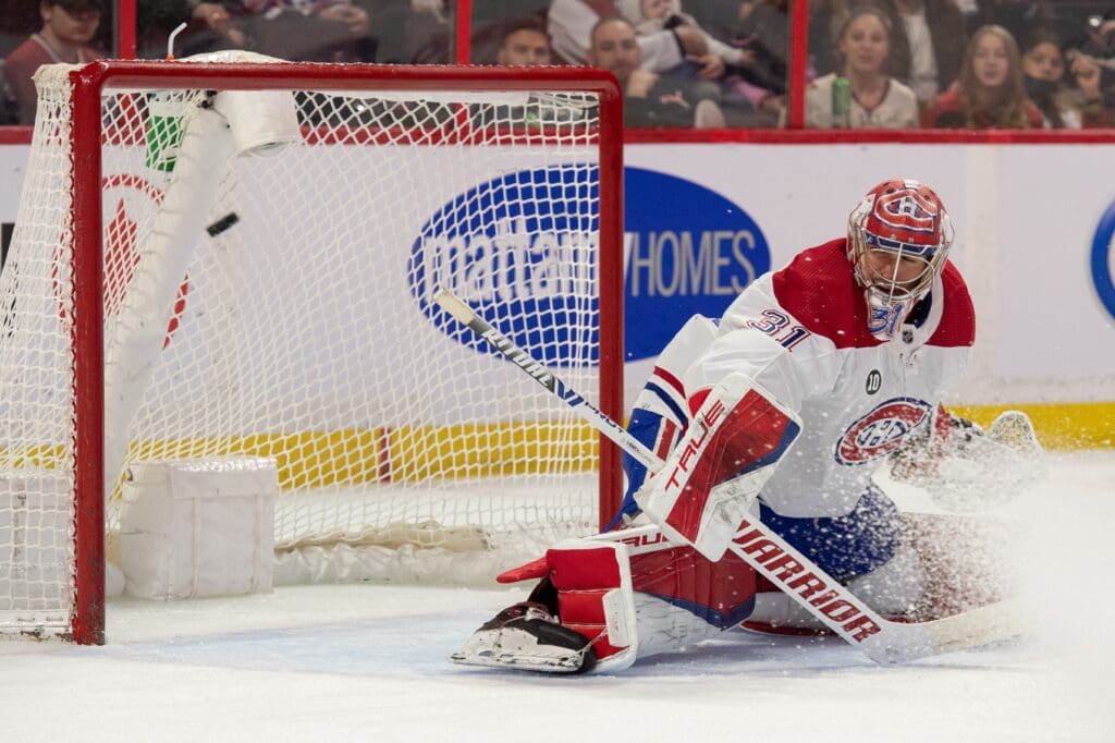 Apr 23, 2022; Ottawa, Ontario, CAN; Montreal Canadiens goalie Carey Price (31) is unable to stop a shot from Ottawa Senators left wing Alex Formenton (not pictured) in the second period at the Canadian Tire Centre.