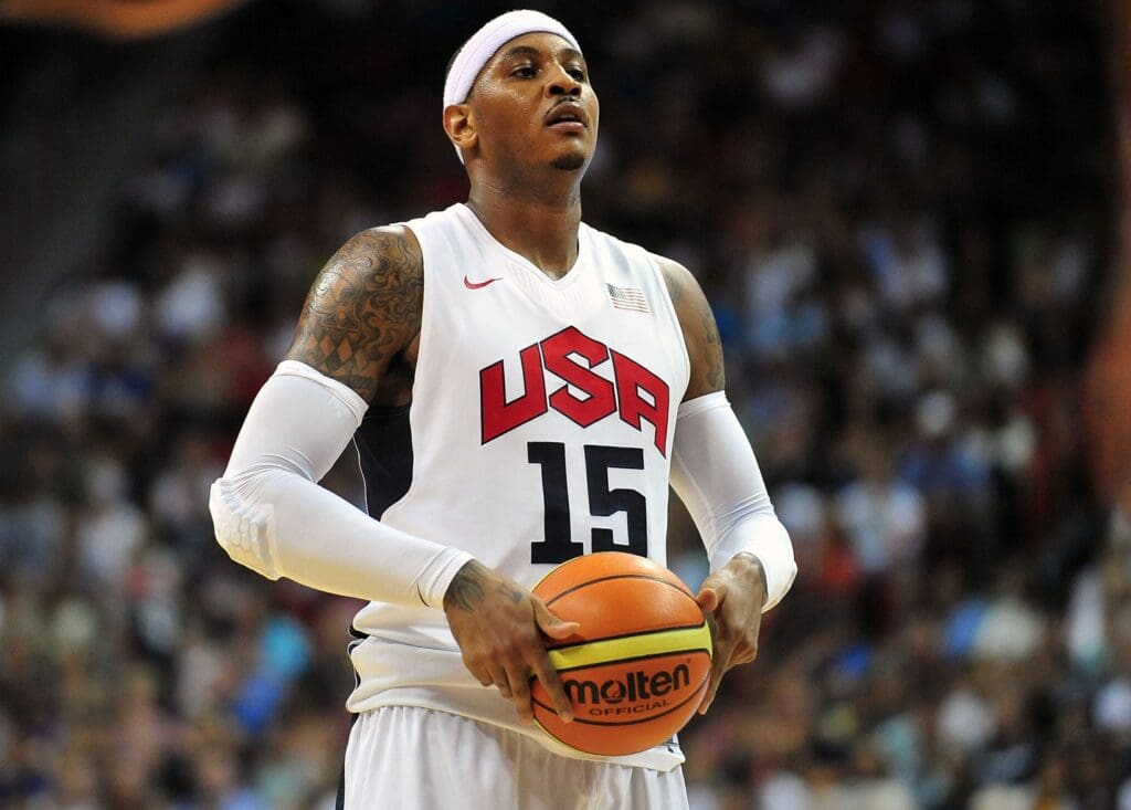 July 12, 2012; Las Vegas, NV, USA; United States forward Carmelo Anthony (15) attempts a free throw basket against the Dominican Republic in the first half at the Thomas and Mack Center. 