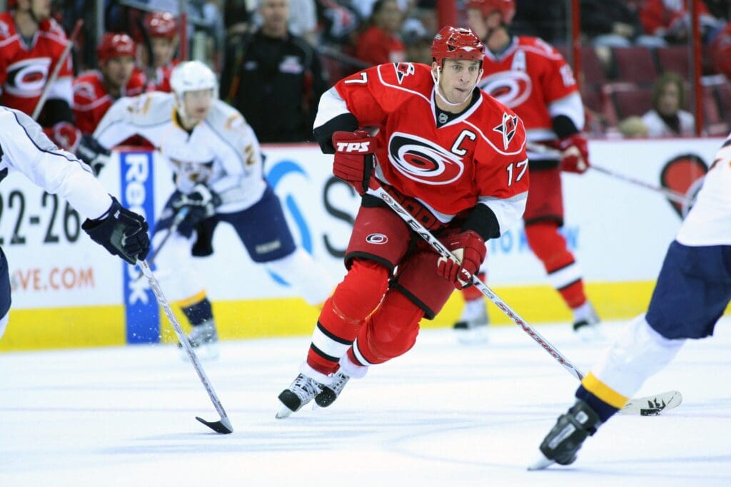 October 5, 2008; Raleigh, NC, USA; Carolina Hurricanes center (17) Rod Brind ' Amour carries the puck into the Nashville Predators zone during the 3rd period at the RBC Center. The Hurricanes defeated the Predators 2-0.