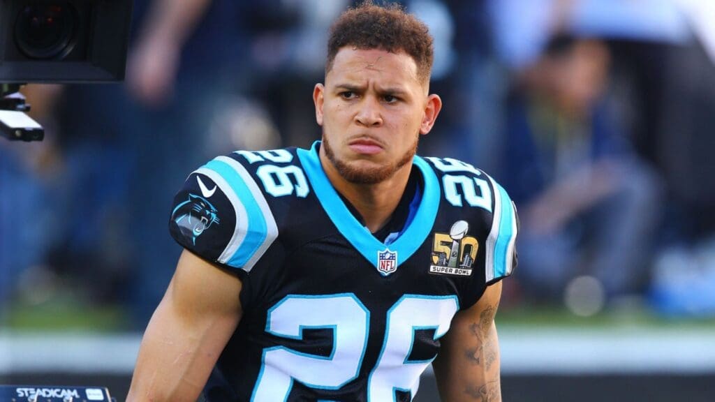 Feb 7, 2016; Santa Clara, CA, USA; Carolina Panthers cornerback Cortland Finnegan (26) against the Denver Broncos during Super Bowl 50 at Levi's Stadium.