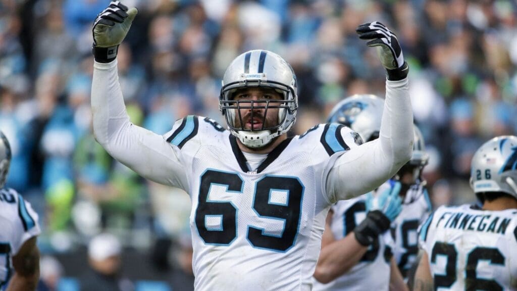 Jan 17, 2016; Charlotte, NC, USA; Carolina Panthers defensive end Jared Allen (69) reacts during the fourth quarter against the Seattle Seahawks in a NFC Divisional round playoff game at Bank of America Stadium.