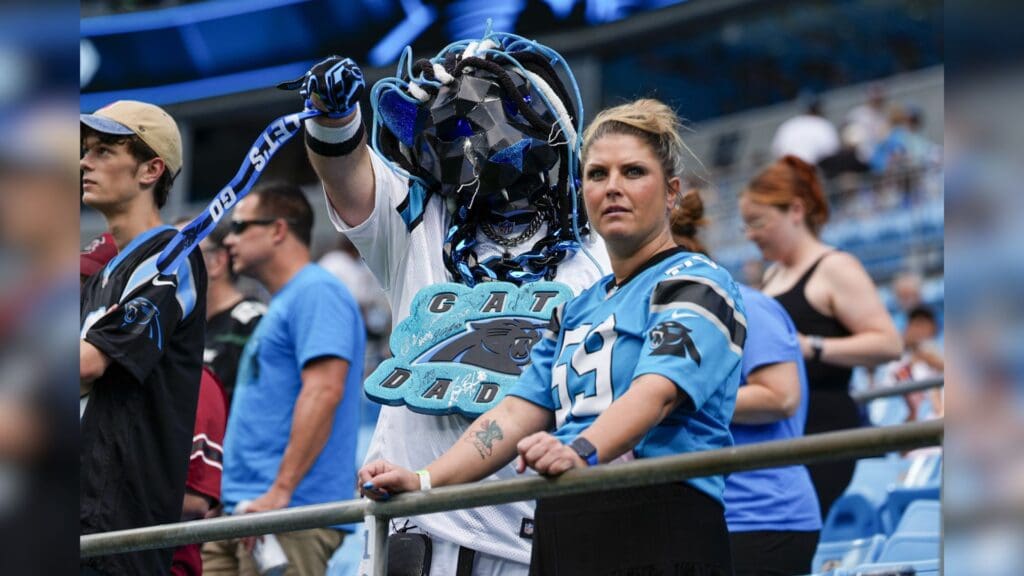 Aug 17, 2024; Charlotte, North Carolina, USA; Carolina Panthers fans during the first quarter against the New York Jets at Bank of America Stadium.