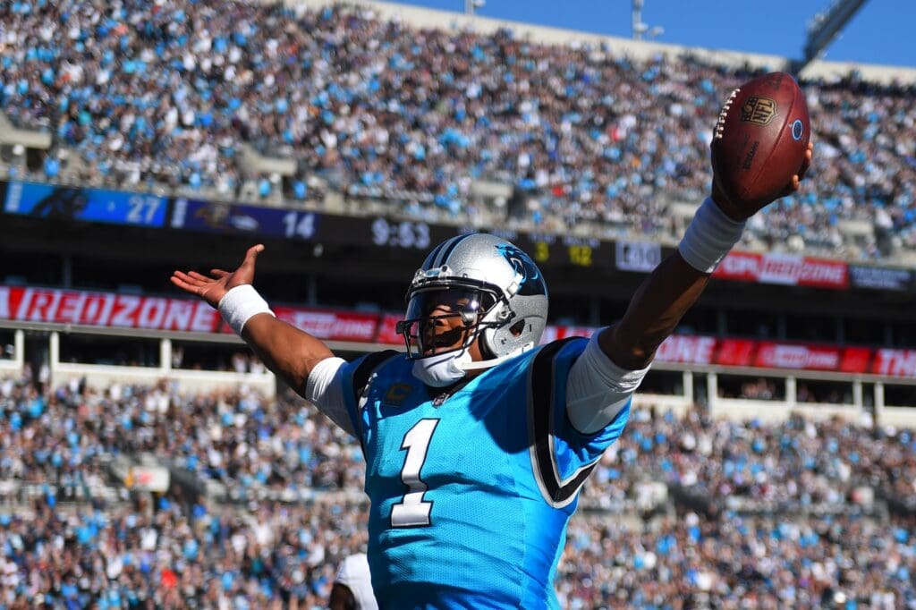 Oct 28, 2018; Charlotte, NC, USA; Carolina Panthers quarterback Cam Newton (1) scores a touchdown in the fourth quarter at Bank of America Stadium. 