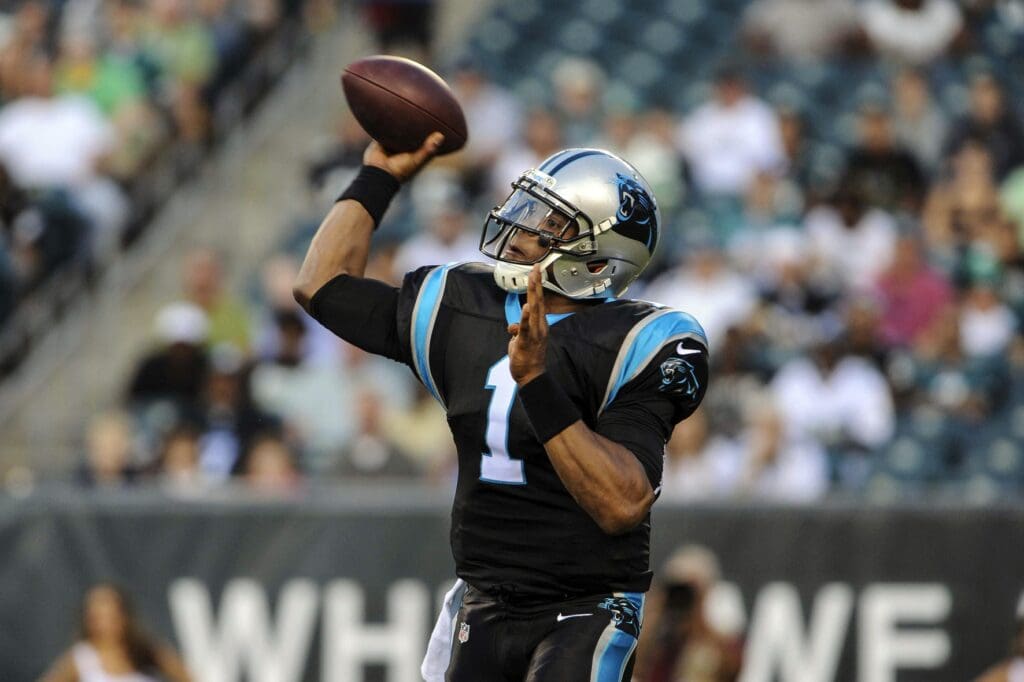 Aug 15, 2013; Philadelphia, PA, USA; Carolina Panthers quarterback Cam Newton (1) during the first quarter of the game against the Philadelphia Eagles at Lincoln Financial Field.
