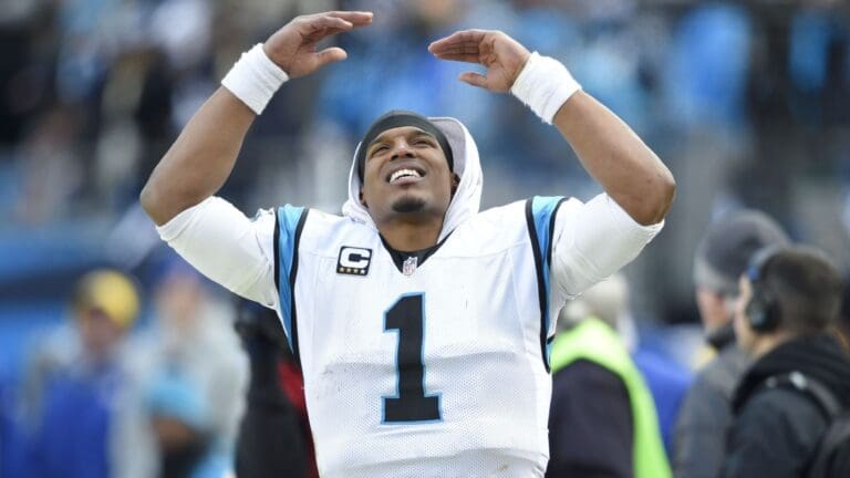Jan 17, 2016; Charlotte, NC, USA; Carolina Panthers quarterback Cam Newton (1) reacts during the fourth quarter against the Seattle Seahawks in a NFC Divisional round playoff game at Bank of America Stadium.