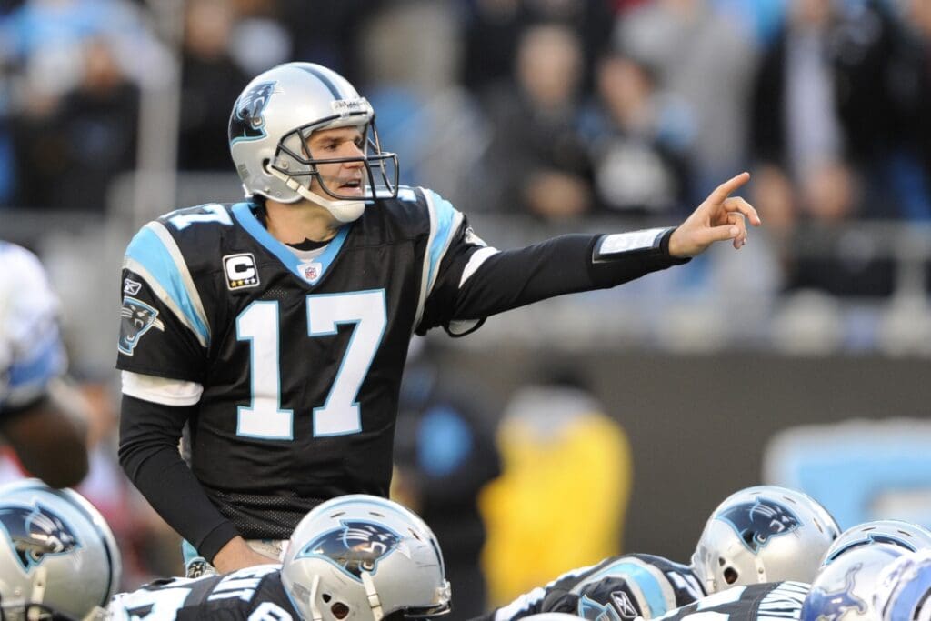 Nov 16, 2008; Charlotte, NC, USA; Carolina Panthers quarterback Jake Delhomme (17) signals at the line in the Panthers 31-22 victory against the Detroit Lions at Bank of America Stadium. 