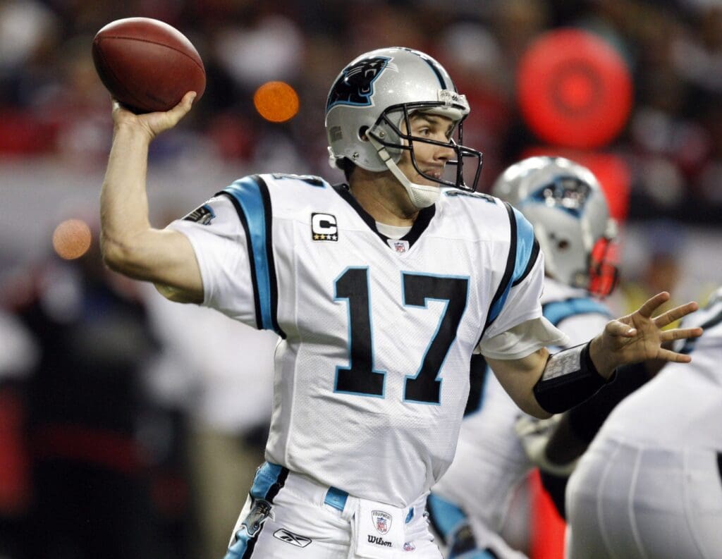 November 23, 2008; Atlanta, GA USA; Carolina Panthers quarterback Jake Delhomme (17) throws a pass against the Atlanta Falcons in the first half at the Georgia Dome. The Falcons defeated the Panthers 45-28.