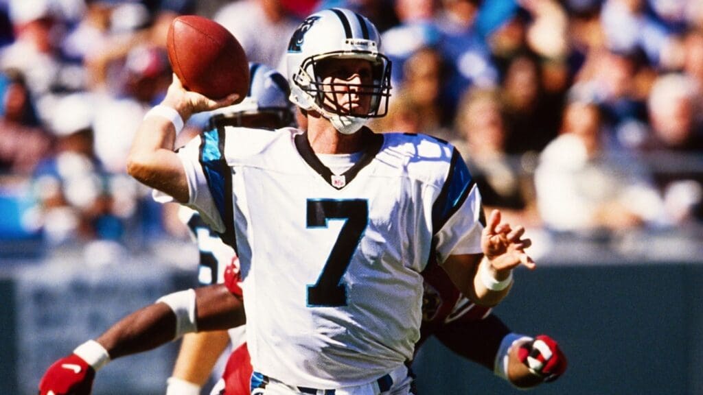 Sep 22, 1996; Charlotte, NC, USA; FILE PHOTO; Carolina Panthers quarterback Steve Beuerlein (7) in action against the San Francisco 49ers at Ericsson Stadium.