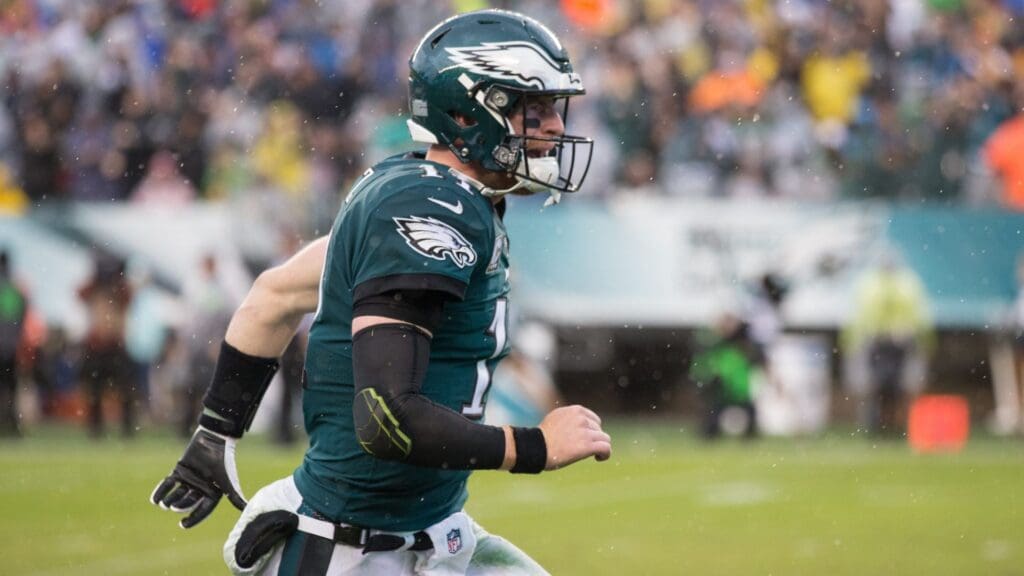 Oct 29, 2017; Philadelphia, PA, USA; Philadelphia Eagles quarterback Carson Wentz (11) reacts after a touchdown pass to wide receiver Alshon Jeffery (not pictured) during the third quarter against the San Francisco 49ers at Lincoln Financial Field.