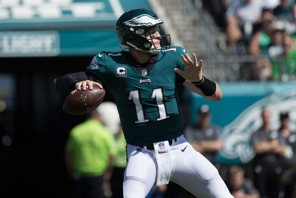 Sep 24, 2017; Philadelphia, PA, USA; Philadelphia Eagles quarterback Carson Wentz (11) drops back to pass against the New York Giants during the first quarter at Lincoln Financial Field.