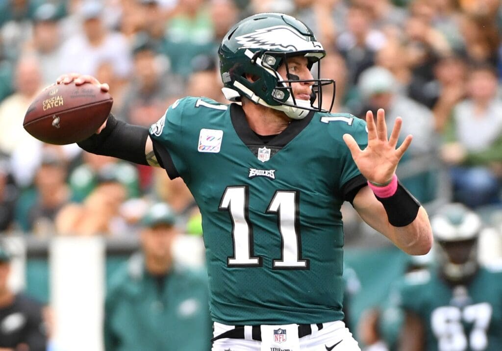 Oct 8, 2017; Philadelphia, PA, USA; Philadelphia Eagles quarterback Carson Wentz (11) throws a pass against the Arizona Cardinals at Lincoln Financial Field.