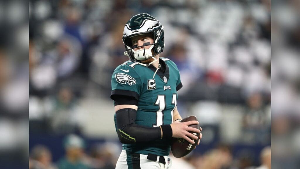 Dec 9, 2018; Arlington, TX, USA; Philadelphia Eagles quarterback Carson Wentz (11) looks back prior to the game against the Dallas Cowboys at AT&T Stadium.