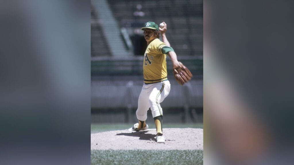 Unknown date and unknown location; USA, FILE PHOTO; Oakland Athletics pitcher Catfish Hunter in action on the mound.