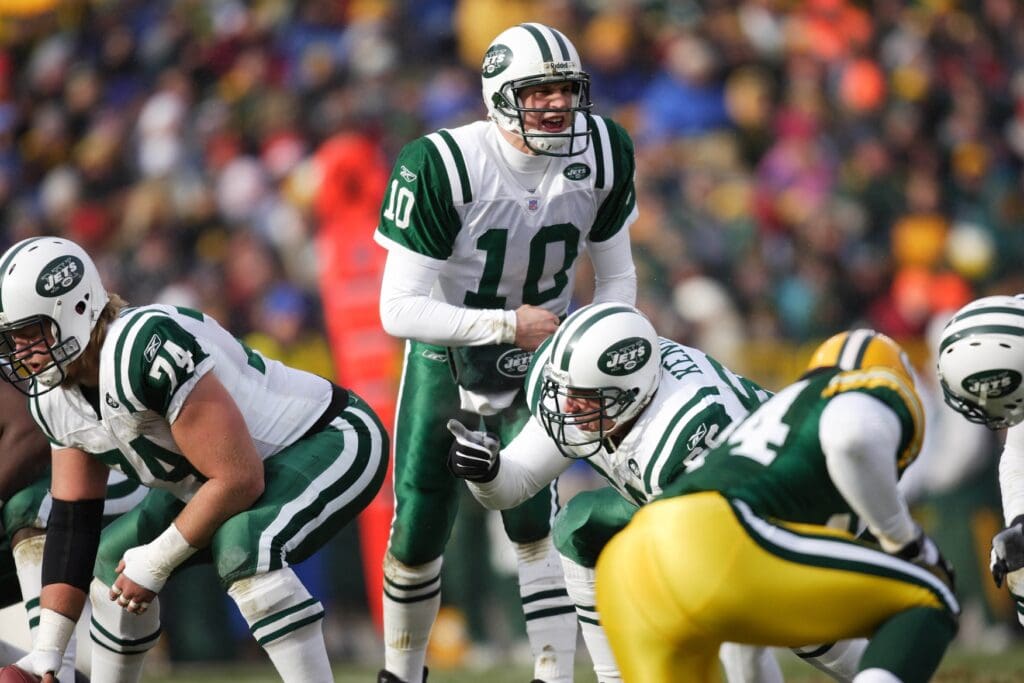 December 3, 2006; Green Bay, WI, USA; New York Jets quarterback (10) Chad Pennington calls an audble to his team during the first quarter against the Green Bay Packers at Lambeau Field.