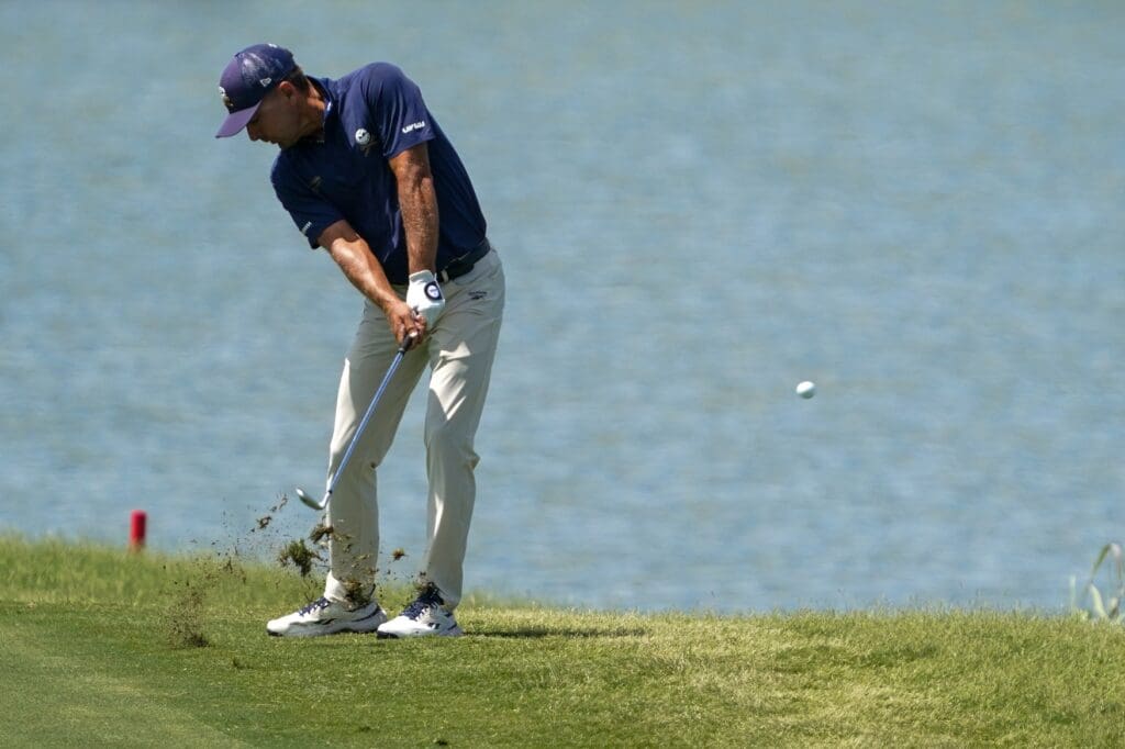 Jun 29, 2025; Carrollton, Texas, USA; Charles Howell III plays a shot on the 15th hole during the final round of the LIV Golf Dallas golf tournament at Maridoe Golf Club.