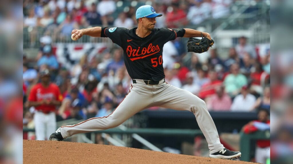 Jul 4, 2025; Atlanta, Georgia, USA; Baltimore Orioles starting pitcher Charlie Morton (50) throws against the Atlanta Braves in the second inning at Truist Park.